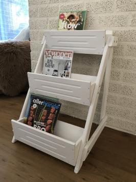 Lectuur-boeken bak, hout, met 3 bakken hout-wit