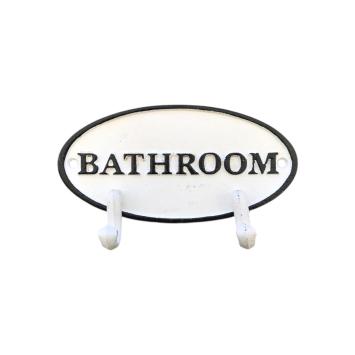 Kapstok met 2 haken, bord met opschrift: 'BATHROOM', gietijzer