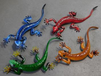 Metalen muurdecoratie - set van 4 gekko's - kleurrijk