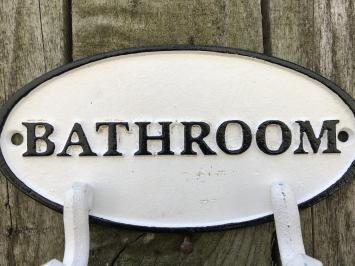 Kapstok met 2 haken, bord met opschrift: 'BATHROOM', gietijzer