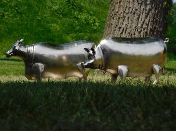 Beeld voor in huis, koe, metalen dierenbeeld, chroom kleur