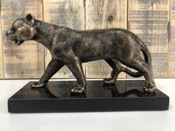 Sculpture Leopard, massief ijzer, brons look met marmeren plaat