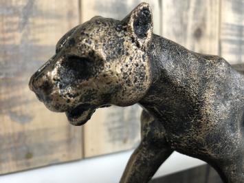 Sculpture Leopard, massief ijzer, brons look met marmeren plaat