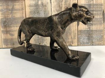 Sculpture Leopard, massief ijzer, brons look met marmeren plaat