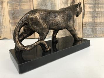 Sculpture Leopard, massief ijzer, brons look met marmeren plaat