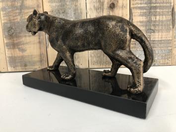 Sculpture Leopard, massief ijzer, brons look met marmeren plaat