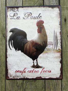 Metalen bord - haan - 'La Poule - oeufs extra frais'