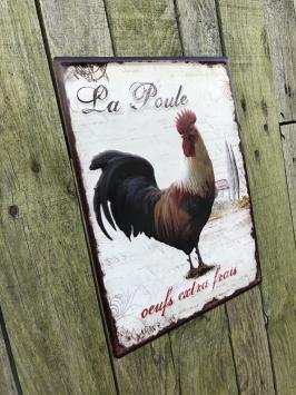 Metalen bord - haan - 'La Poule - oeufs extra frais'