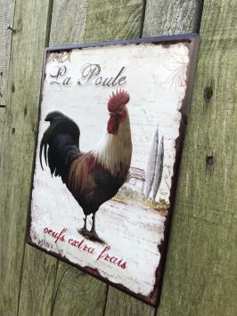 Metalen bord - haan - 'La Poule - oeufs extra frais'