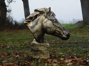 Tuinbeeld paard, paardenhoofd beeld groot, goud met zwart