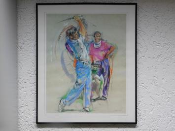 Schilderij met Golfers - By Twan V 1989 - Gesigneerd - Inclusief Lijst