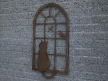 Metalen wandornament - kat met vogeltjes - silhouet - bruin